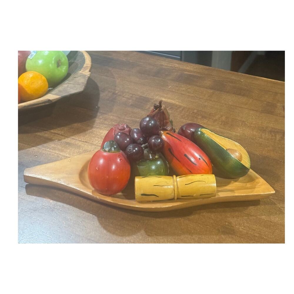 Vintage MCM Wooden Fruit Bowl with Carved Wood Fruit Set 15x7 Retro Decor